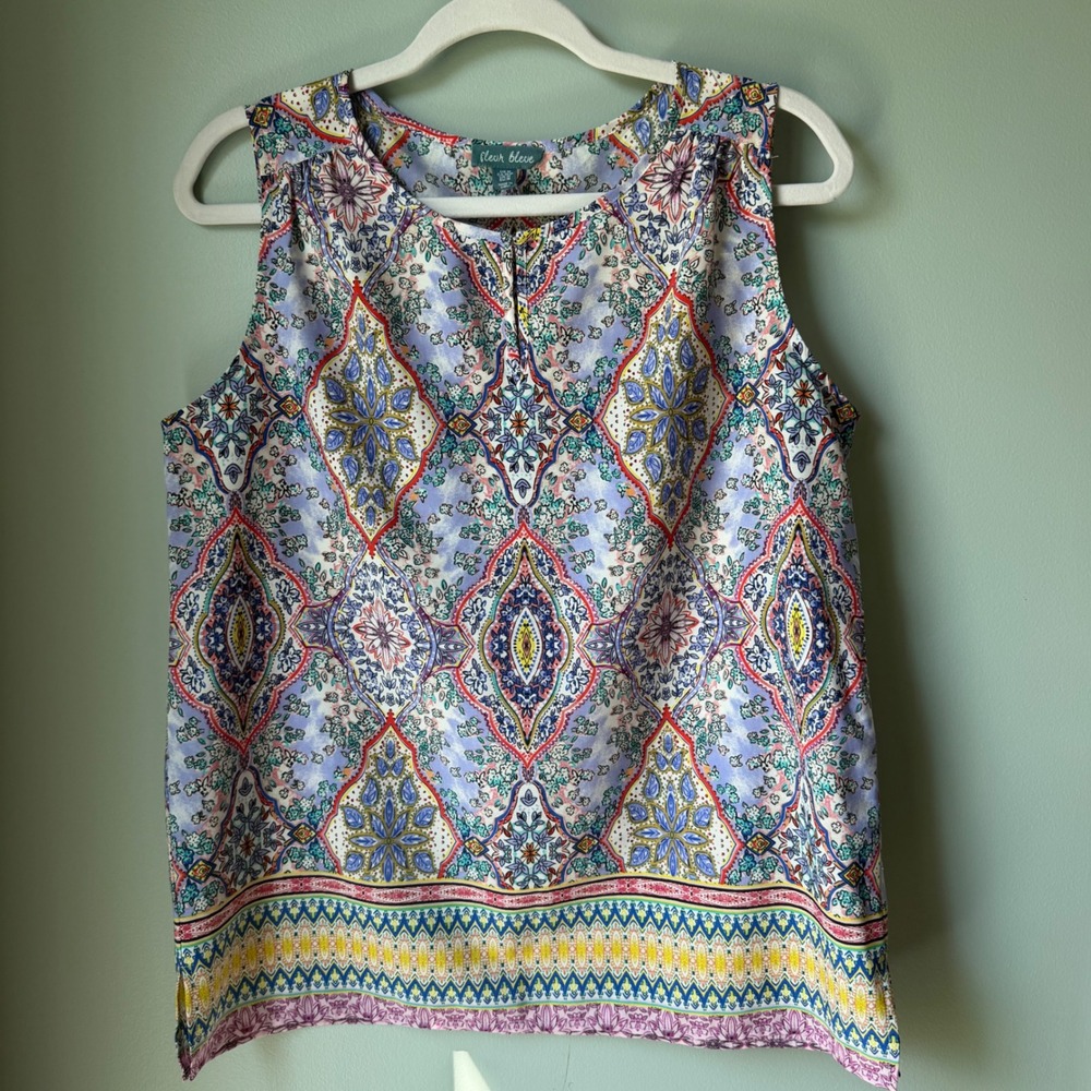 Fleur Bleue Sleeveless Blouse Pastel Floral Paisley Print Boho Feminine Medium